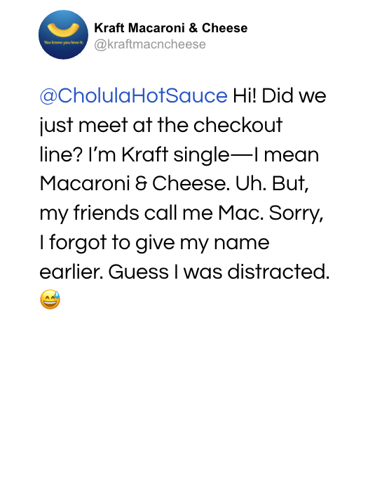 Kraft Macaroni & Cheese and Cholula social conversation screenshot 2