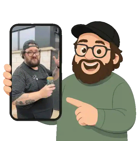 Animated illustration of Matt holding a phone with a reel playing inside it and a bouncing notification bubble above the phone